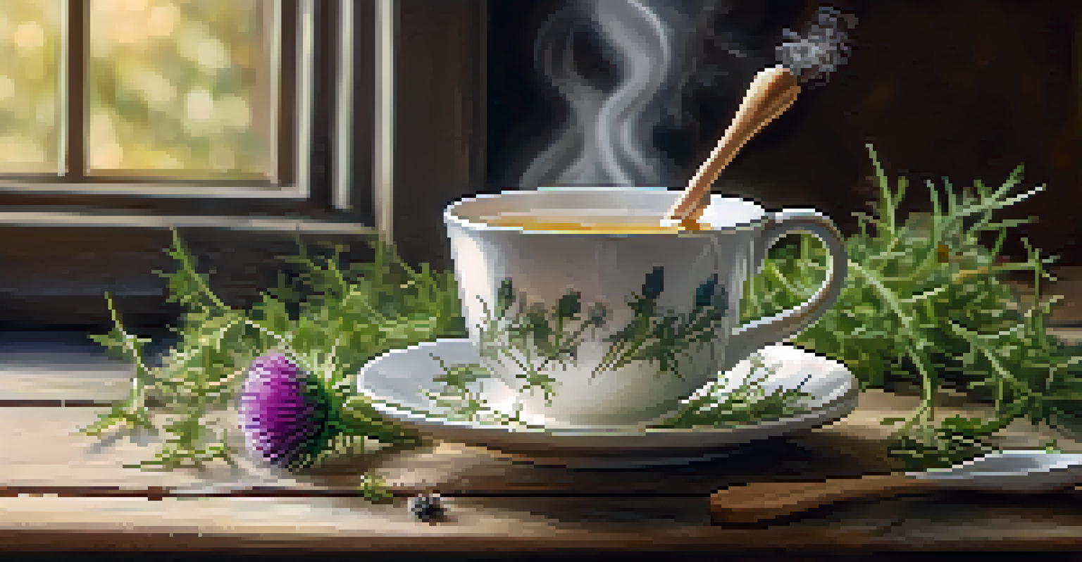 A steaming cup of herbal tea with fresh herbs on a rustic table, illustrating natural detoxification.
