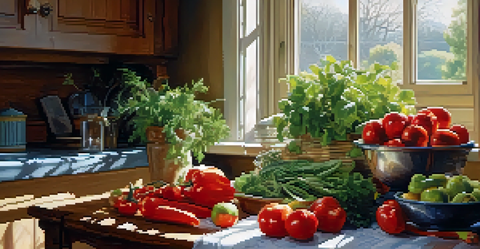 A cozy kitchen table filled with fresh fruits and vegetables, illuminated by soft morning light.