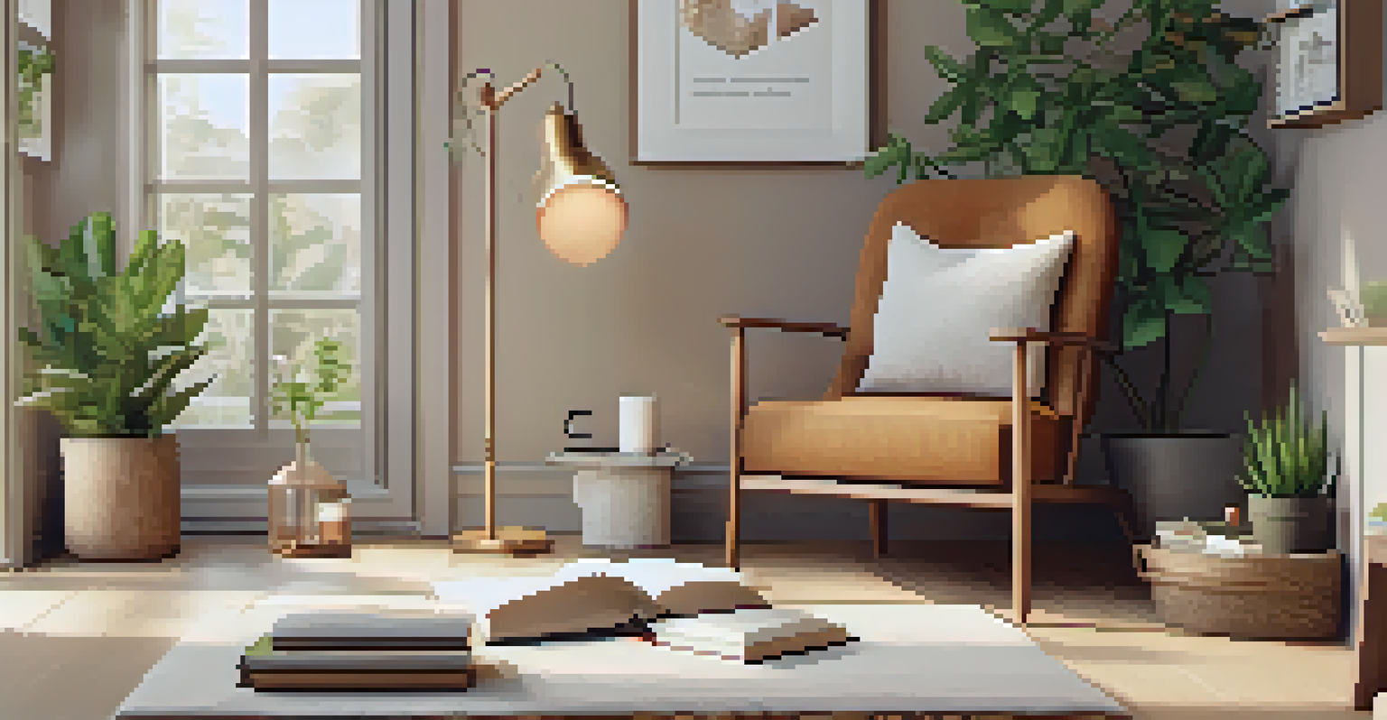 A cozy home wellness space with a comfortable chair, plants, and herbal tea, creating a warm and inviting atmosphere.