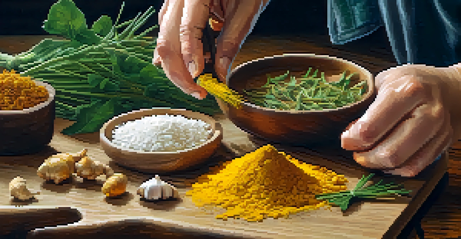 A close-up of hands slicing fresh ginger on a cutting board surrounded by various herbs.