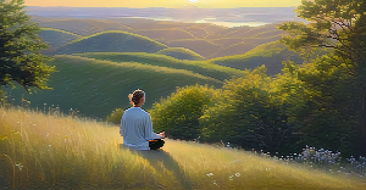 A person meditating on a hilltop at sunrise, surrounded by flowers and soft light.