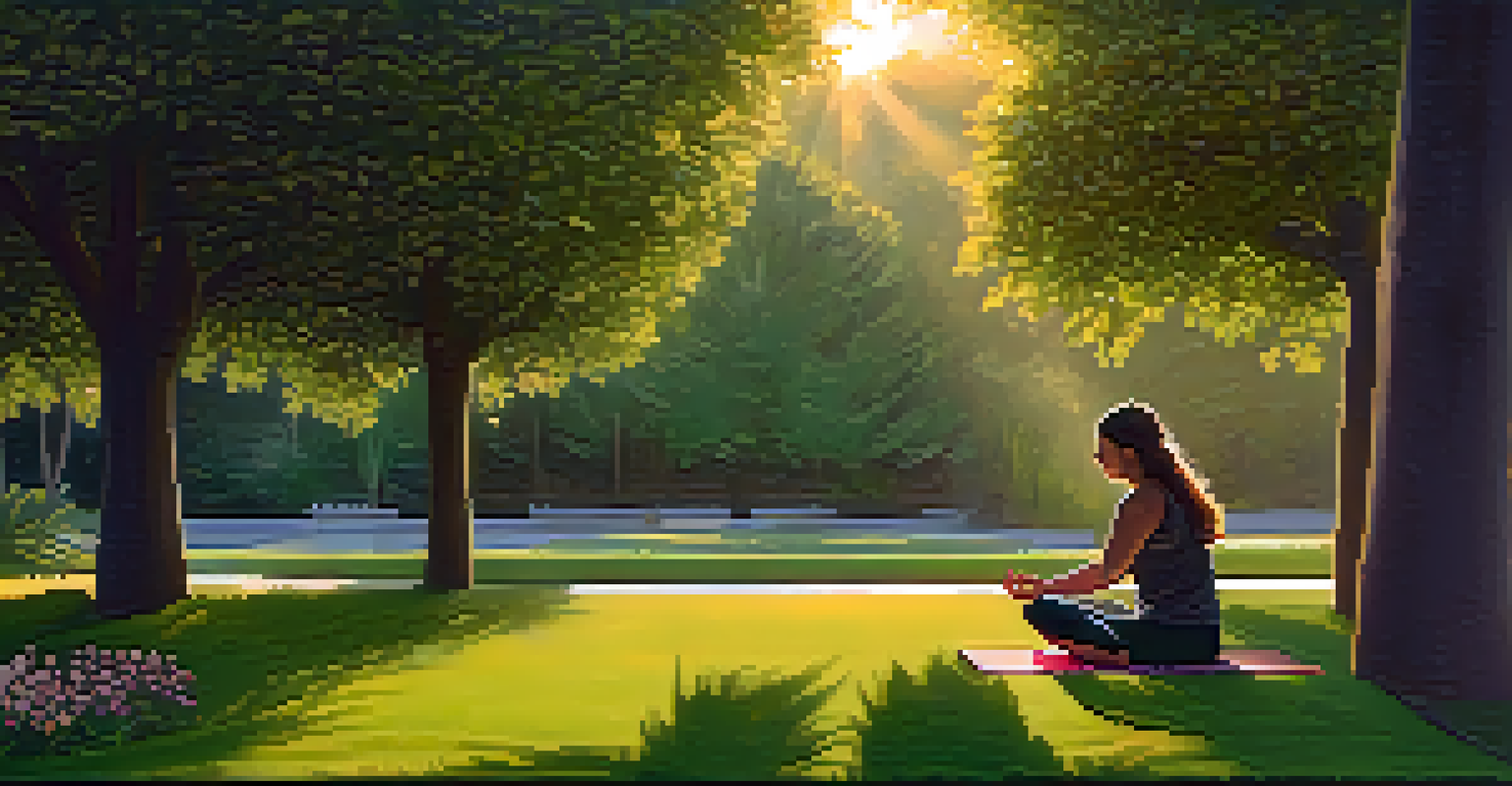 A person practicing mindfulness on a yoga mat in a green park during sunset, surrounded by nature.