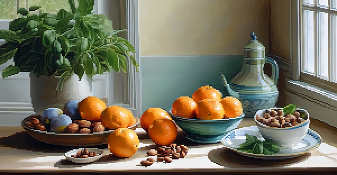 A kitchen table filled with fresh fruits, nuts, and herbs, with soft morning light illuminating the scene.