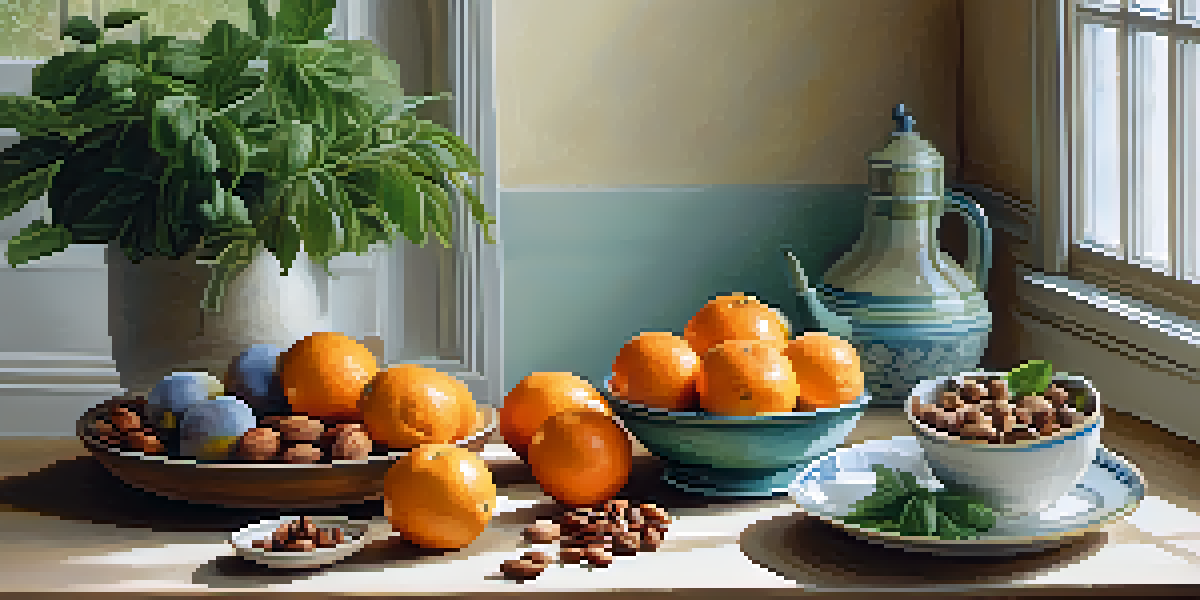 A kitchen table filled with fresh fruits, nuts, and herbs, with soft morning light illuminating the scene.