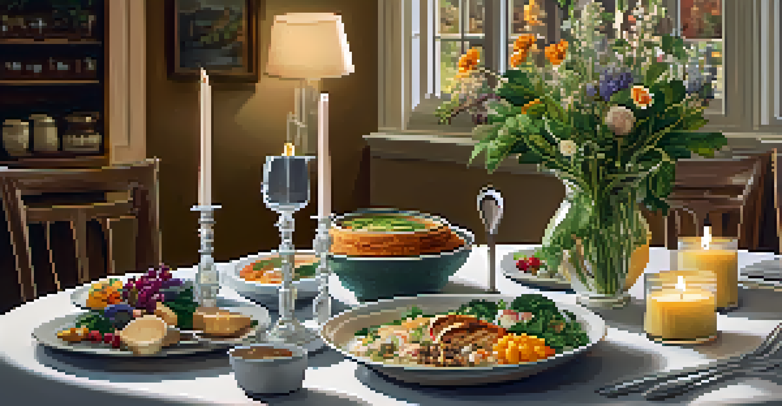 A dining table beautifully set with nutrient-dense dishes, soups, and smoothies, illuminated by soft light and decorated with flowers.