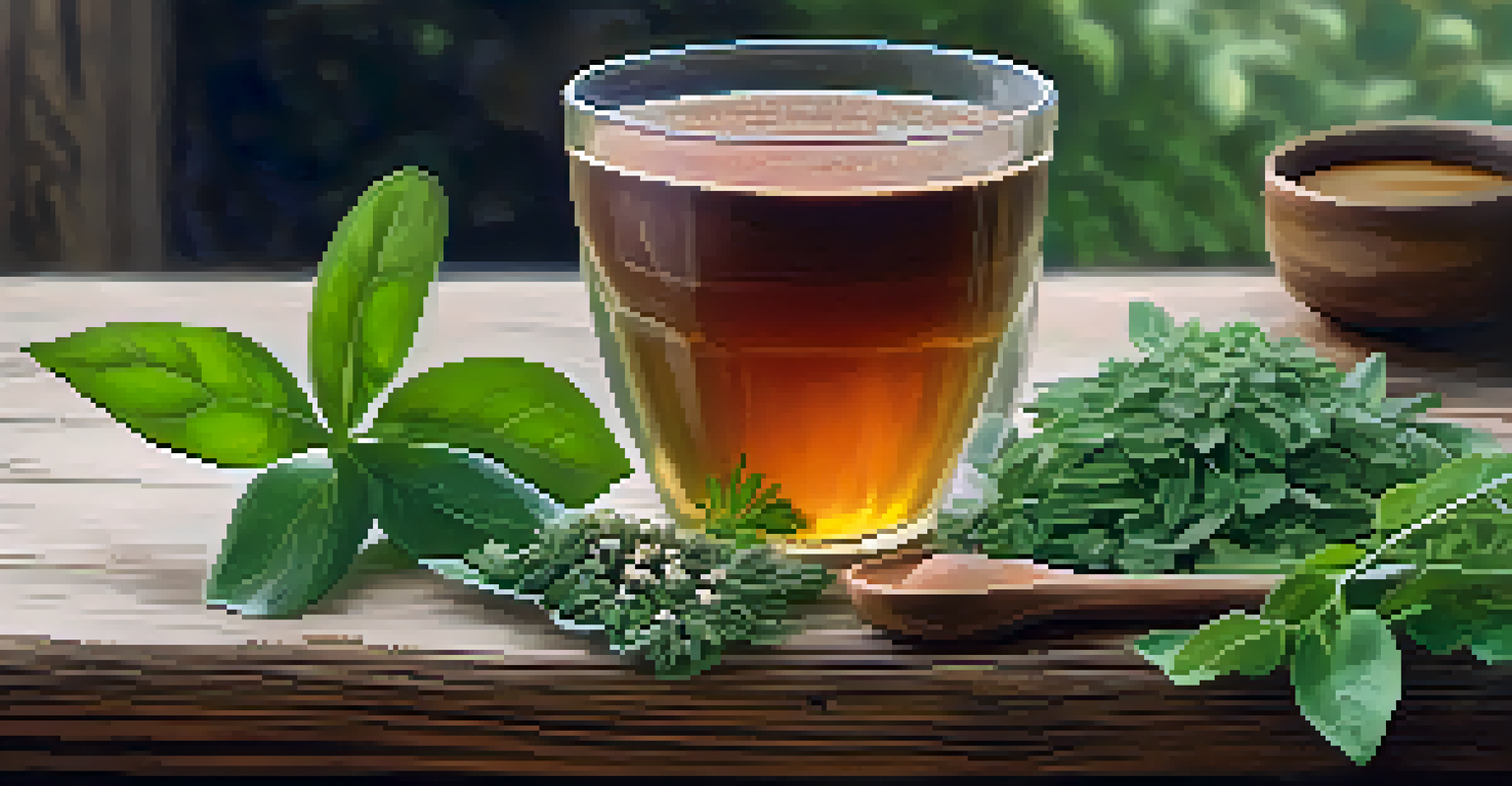 An artistic display of adaptogenic herbs including a smoothie, capsules, and tea on a rustic wooden surface surrounded by greenery.