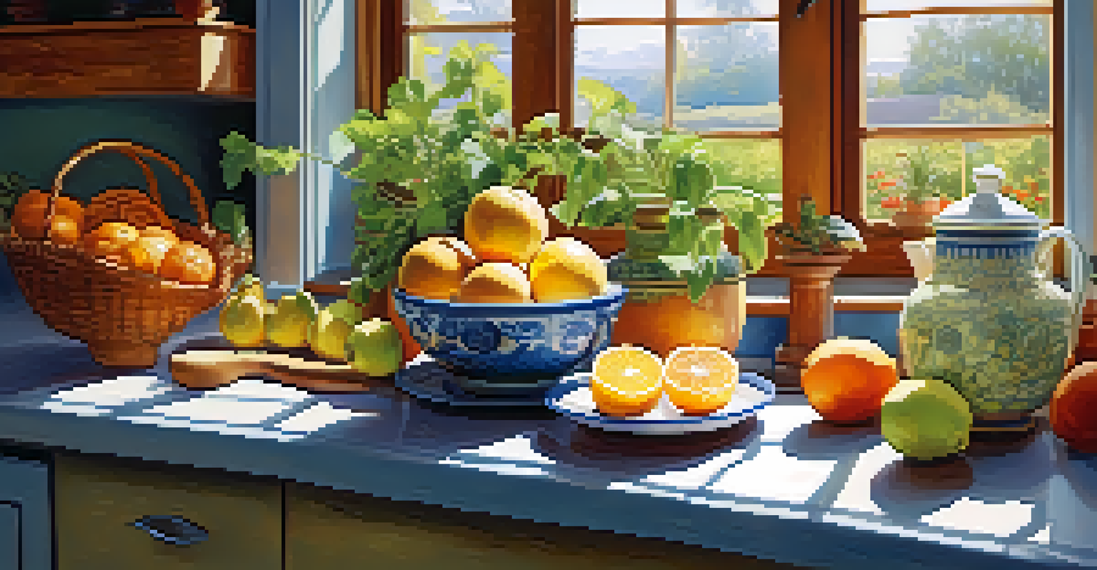 A bright kitchen countertop with fresh garlic, ginger, citrus fruits, and a cup of herbal tea.