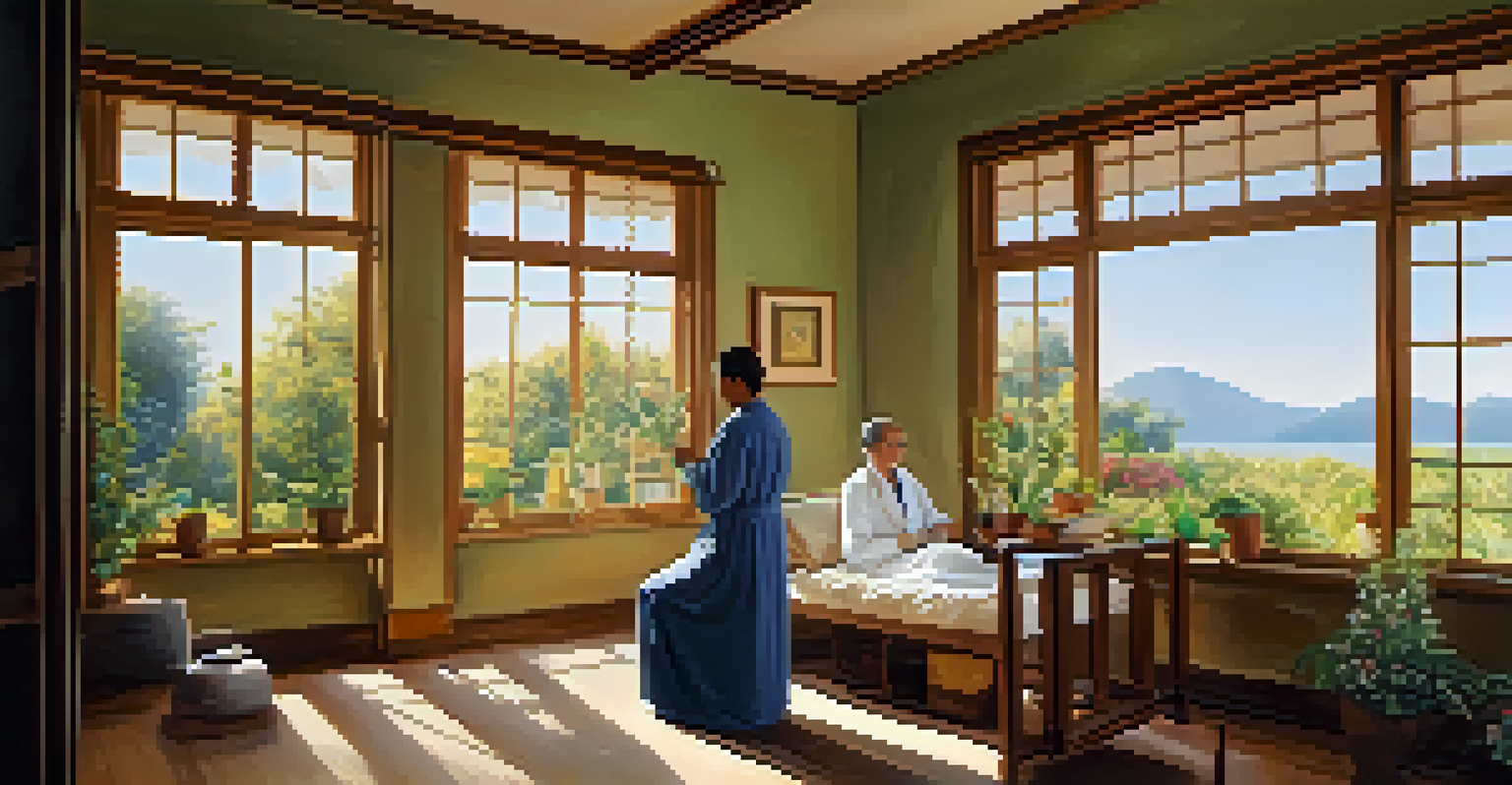 A patient and homeopathic practitioner in a bright room discussing treatment options, with calming colors and natural decor.