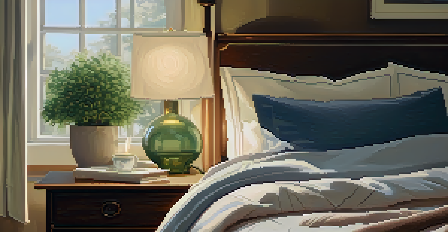 A cozy bedroom with a well-made bed, a steaming cup of herbal tea on a bedside table, and a book open under soft lamp light.