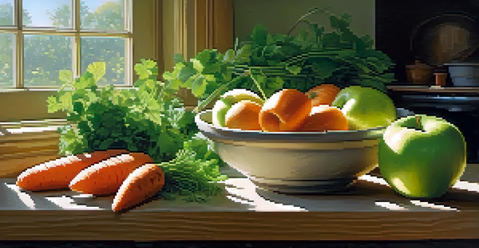 A bright kitchen filled with fresh fruits and vegetables, showcasing a bowl of apples, carrots, and herbs, with sunlight streaming through the window.