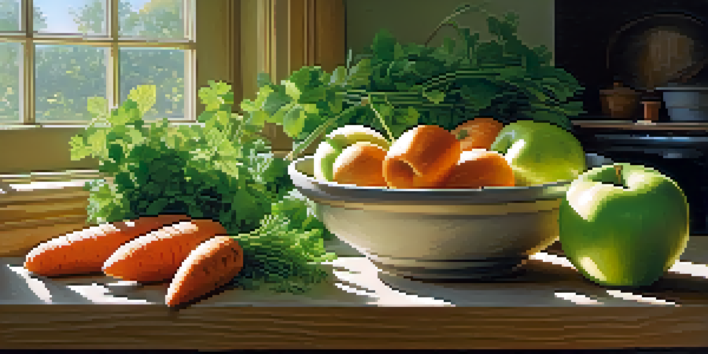 A bright kitchen filled with fresh fruits and vegetables, showcasing a bowl of apples, carrots, and herbs, with sunlight streaming through the window.