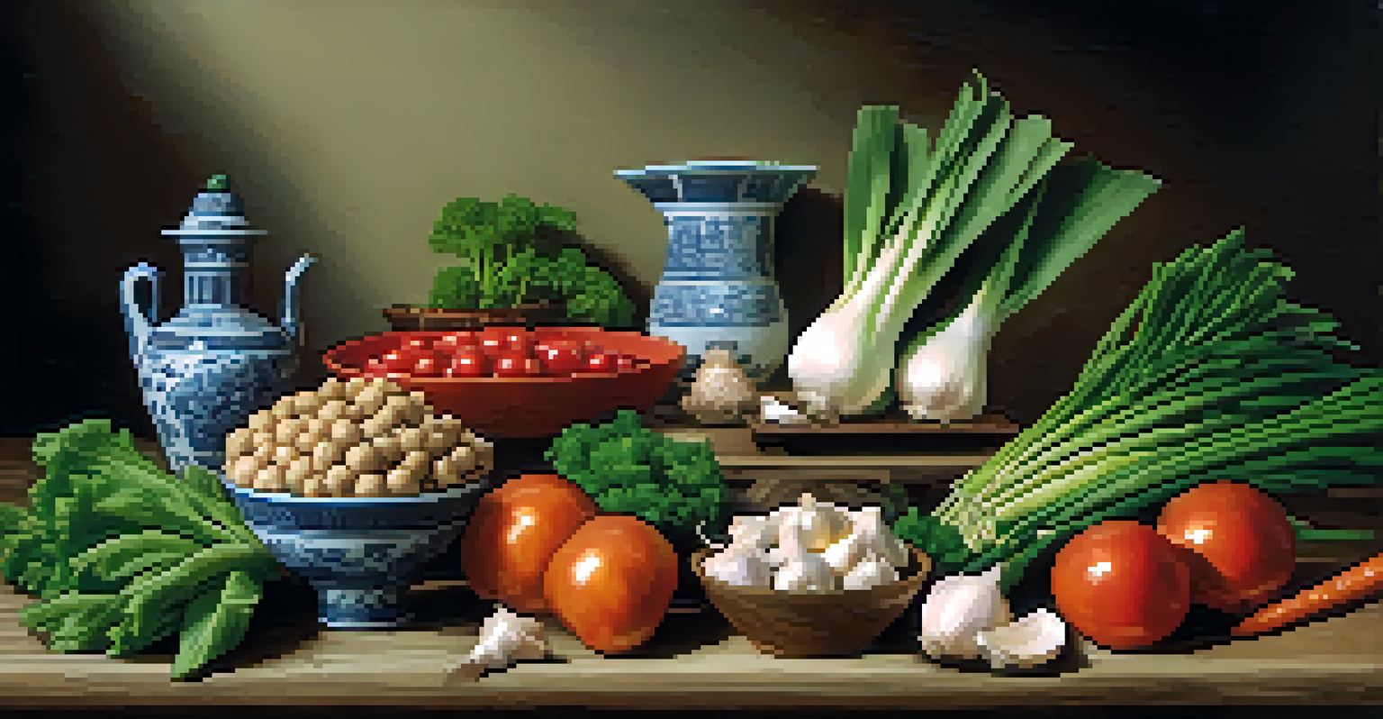 An artistic arrangement of traditional Chinese ingredients like ginger and garlic on a wooden surface.