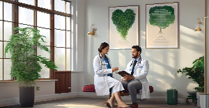 A doctor and a naturopath consulting with a patient in a cozy office filled with plants and natural light.