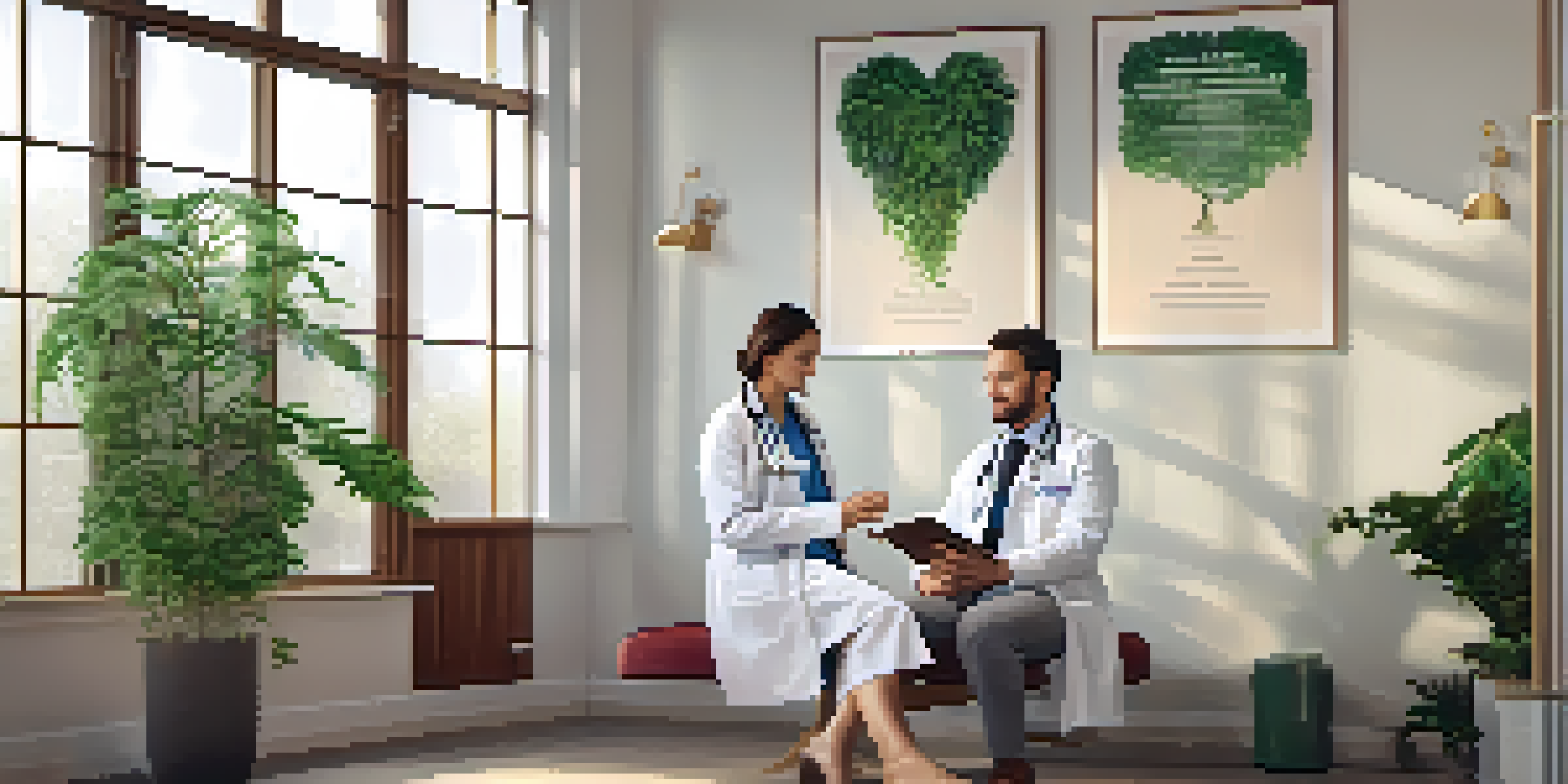 A doctor and a naturopath consulting with a patient in a cozy office filled with plants and natural light.