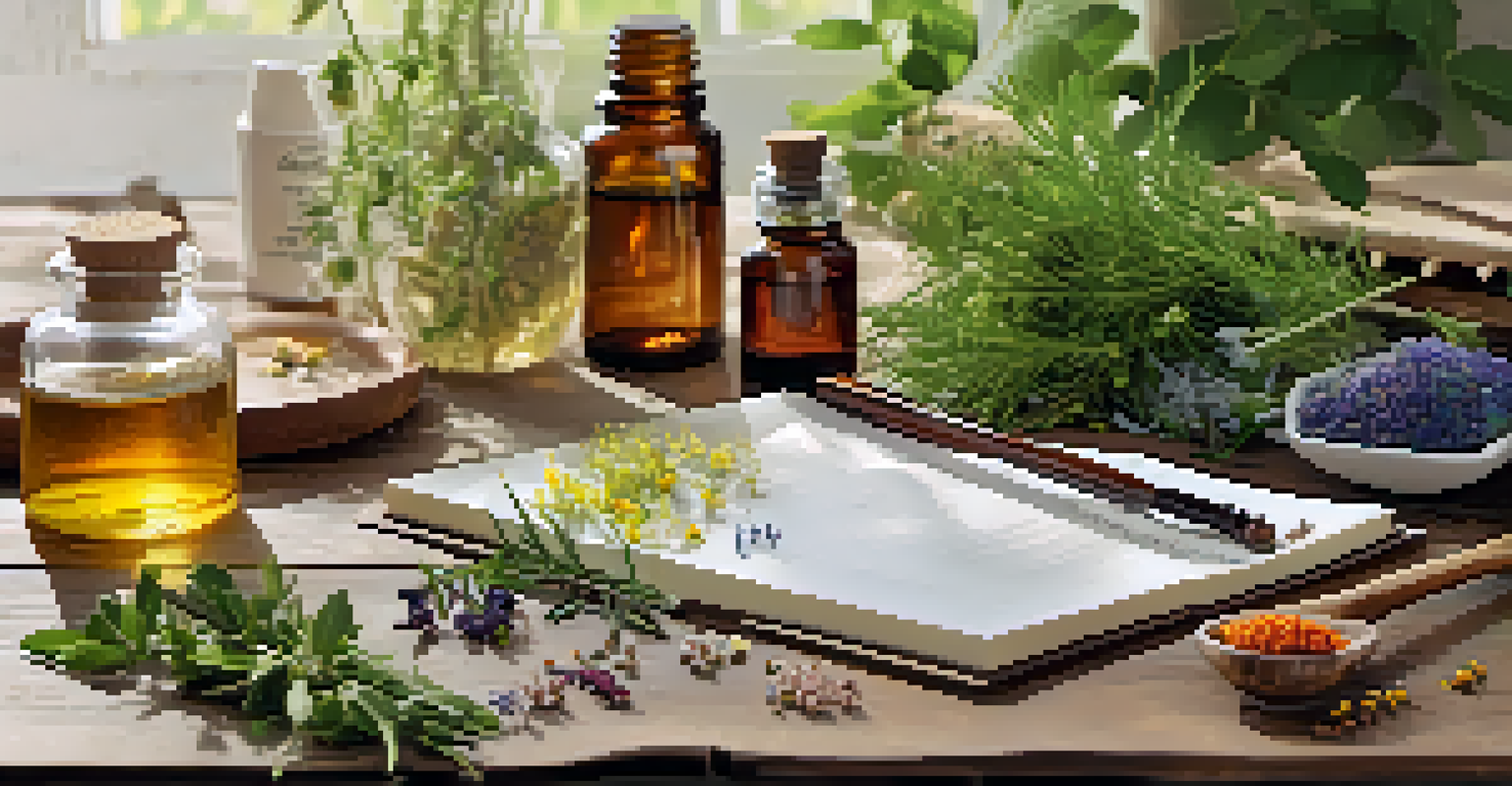 A close-up view of natural remedies such as herbs and essential oils arranged on a wooden table, emphasizing holistic health practices.