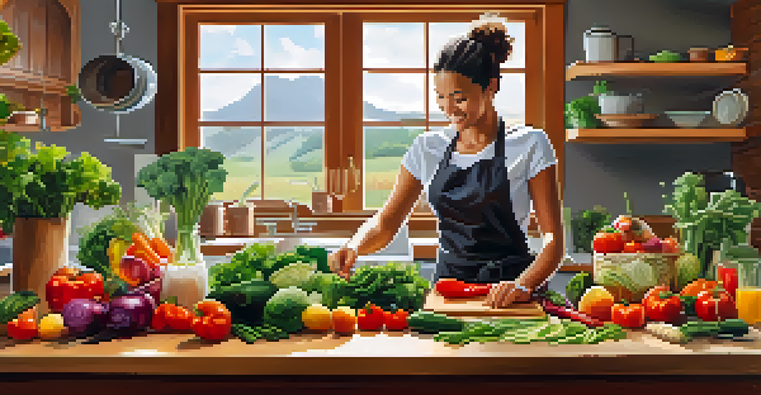 A bright kitchen with fresh produce and a person preparing a healthy salad.
