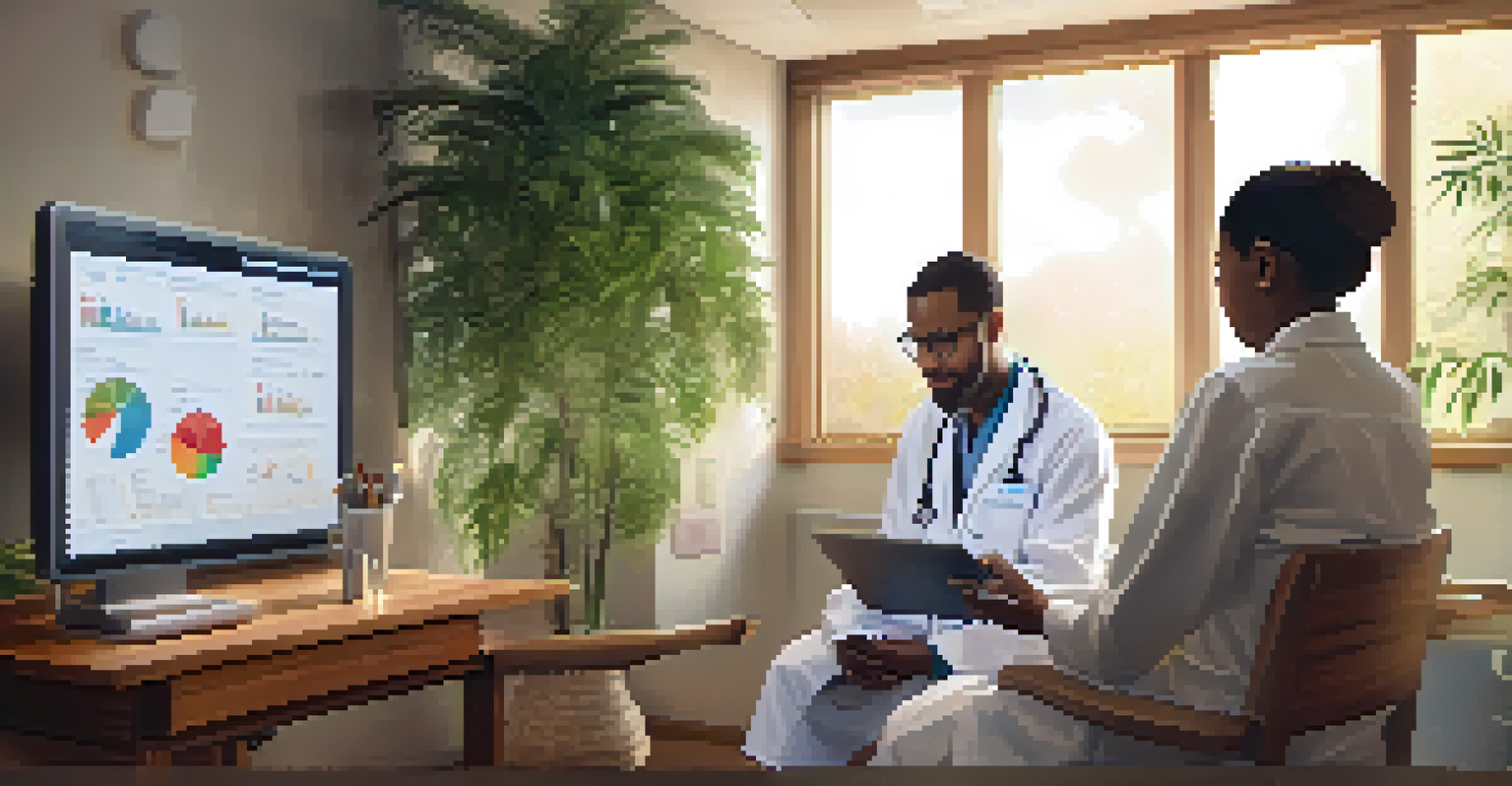 A healthcare practitioner and patient discussing health data in a warmly lit room with natural decor.