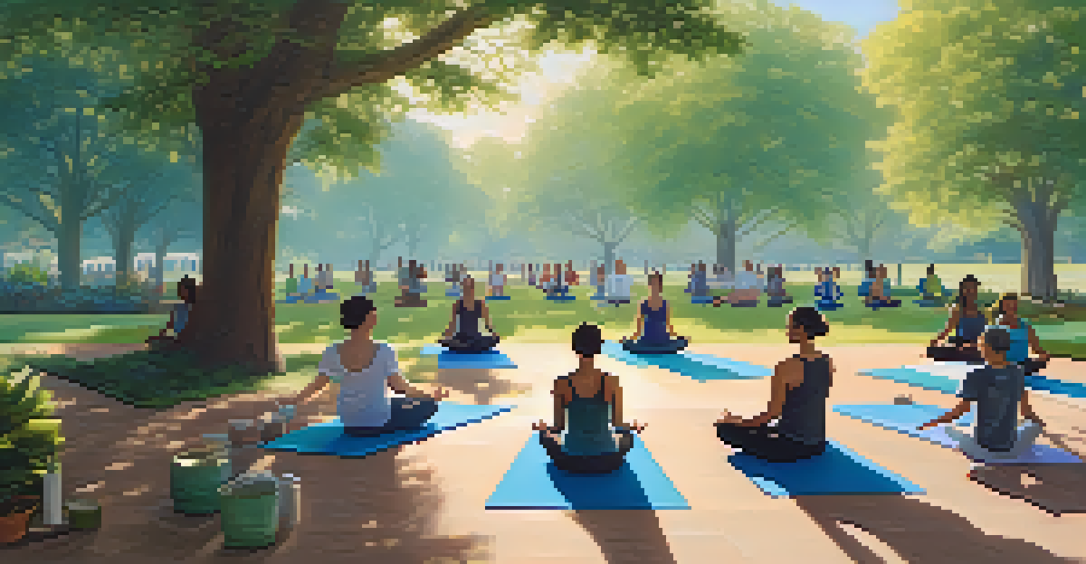 A peaceful yoga class in a park with diverse participants practicing poses on mats surrounded by trees and a clear sky, highlighting community wellness.