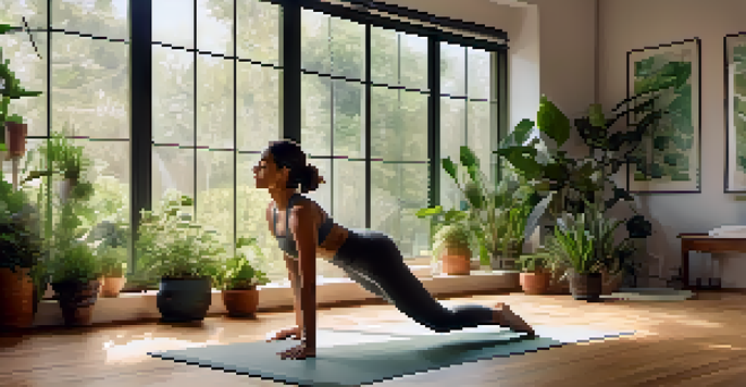 A person practicing yoga in a bright and peaceful studio with plants and natural light.