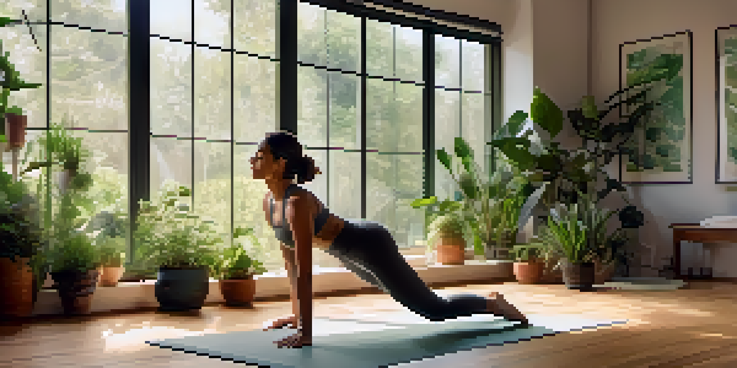 A person practicing yoga in a bright and peaceful studio with plants and natural light.