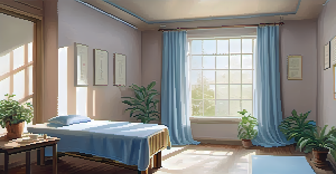 A calming acupuncture treatment room with a treatment table, herbal teas, and a plant, illuminated by soft natural light.