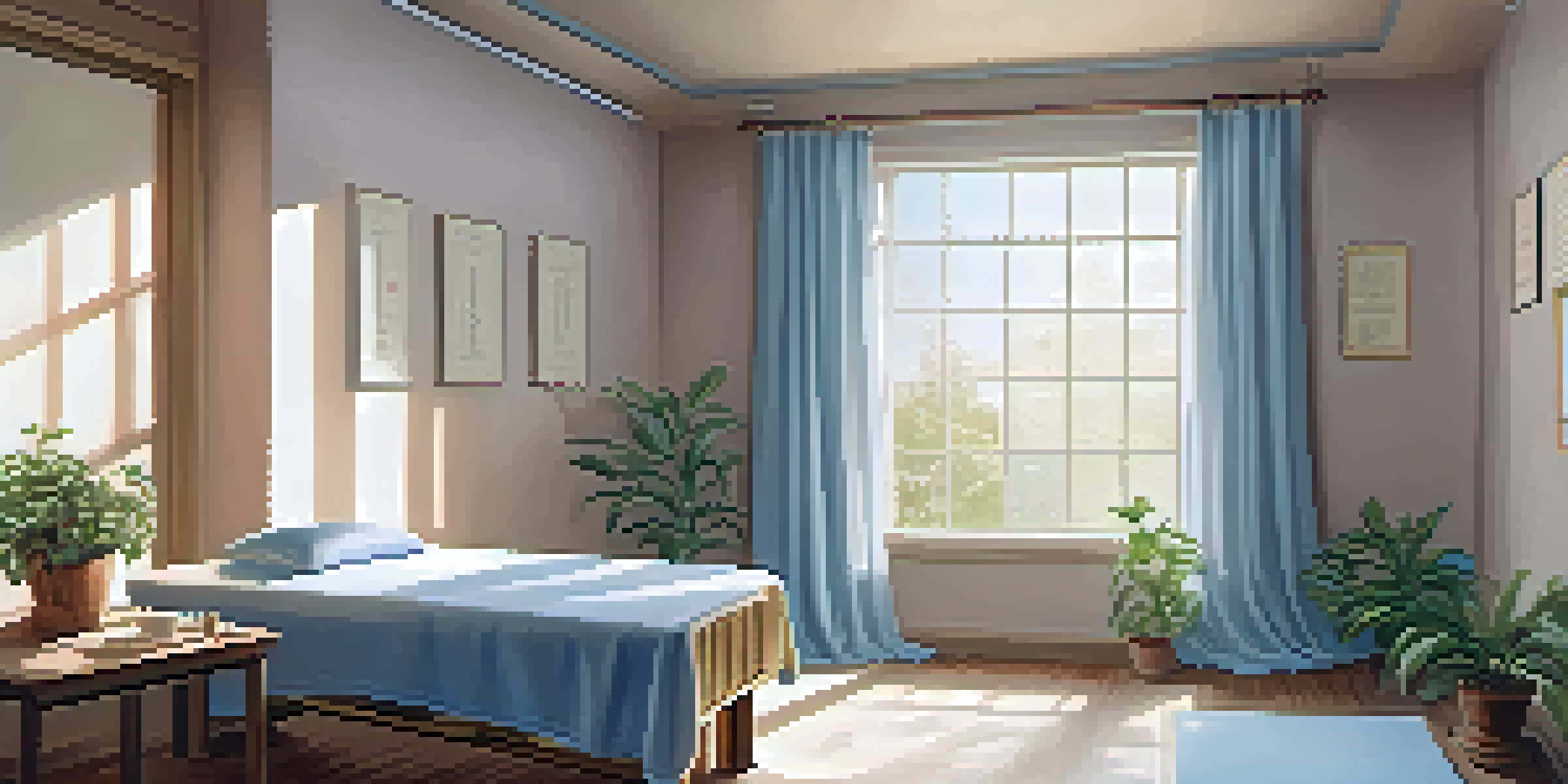 A calming acupuncture treatment room with a treatment table, herbal teas, and a plant, illuminated by soft natural light.