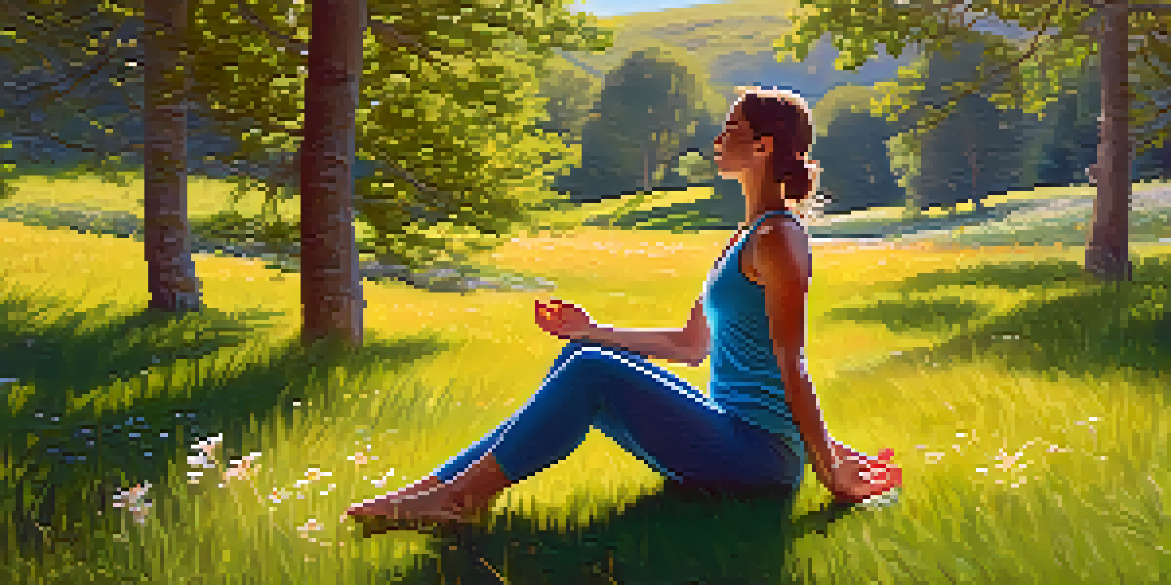 A peaceful spring scene with a person practicing yoga on a grassy hill surrounded by blooming flowers and trees under a clear blue sky.