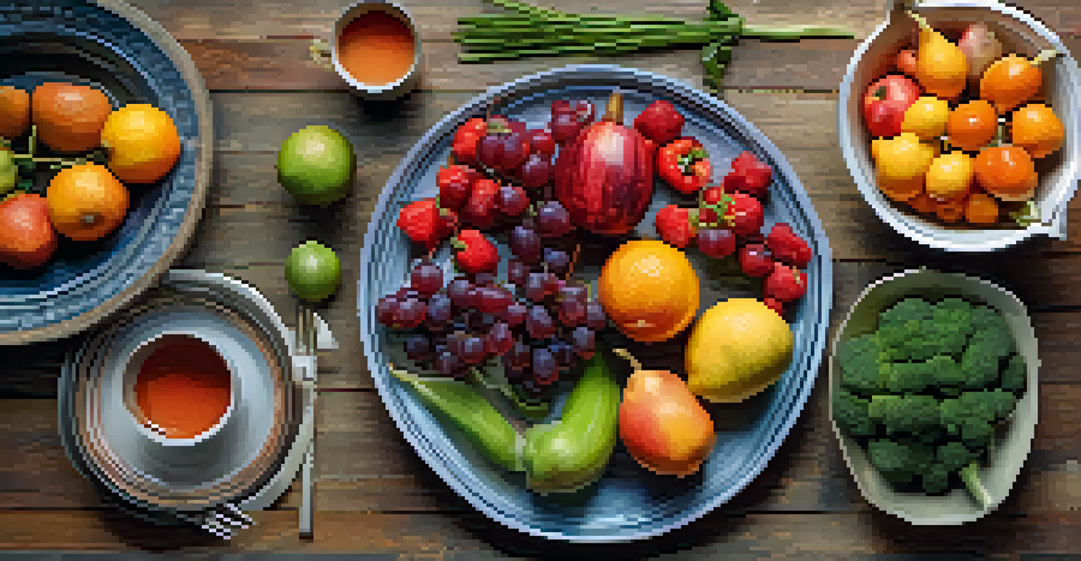 A plate of fresh, colorful fruits and vegetables arranged on a wooden table.