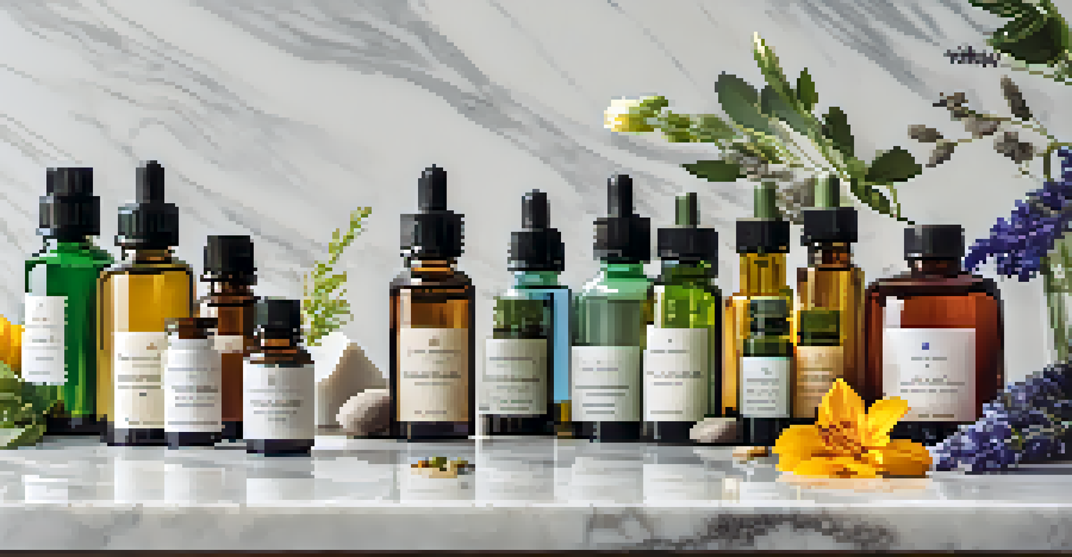 A colorful arrangement of essential oil bottles on a marble countertop with flowers and natural elements.
