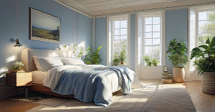 A tranquil bedroom scene designed for sleep, with soft linens, warm lighting, and plants.