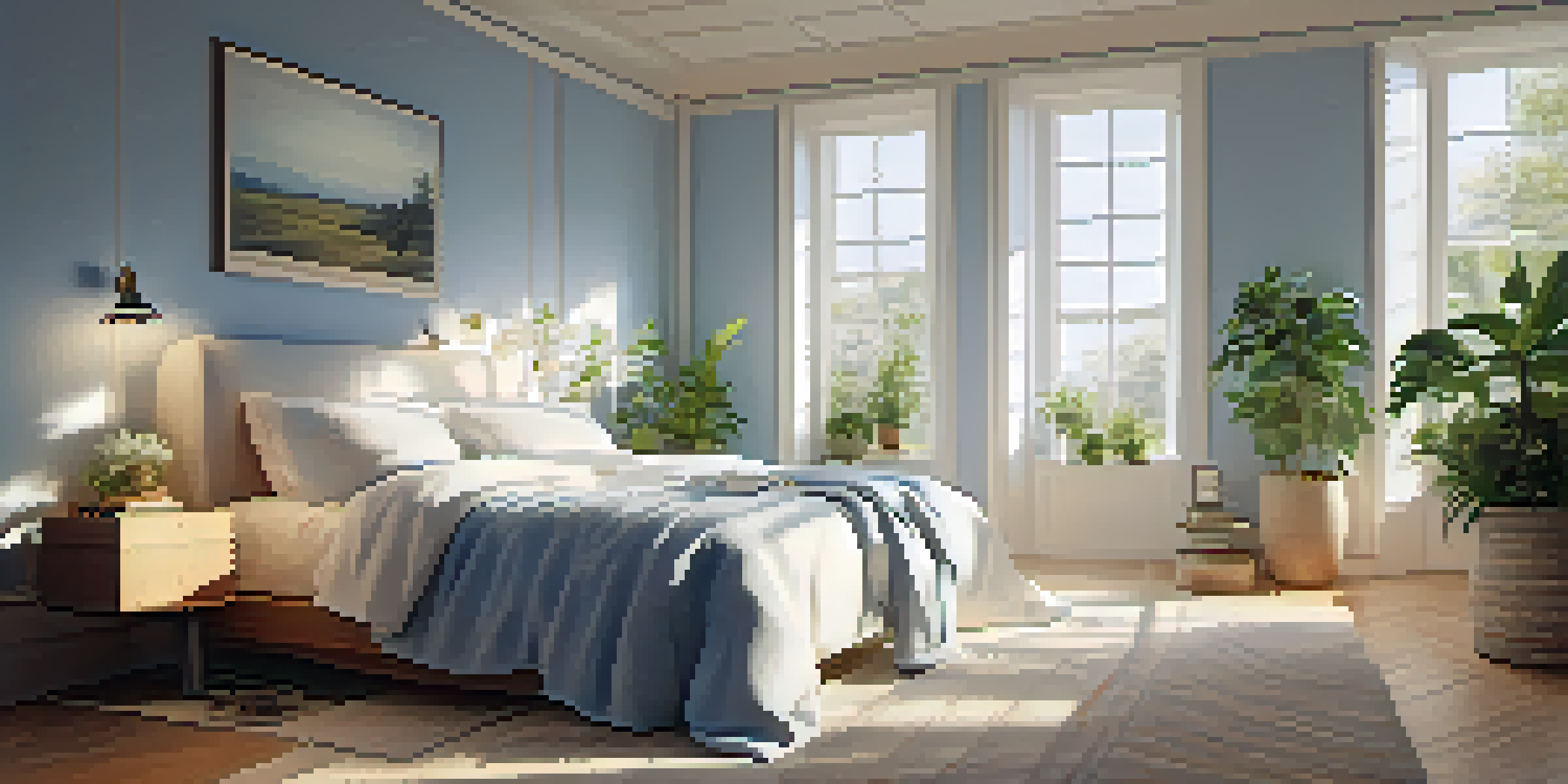 A tranquil bedroom scene designed for sleep, with soft linens, warm lighting, and plants.
