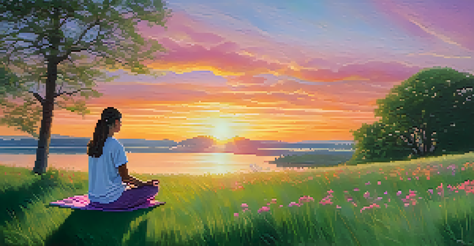 A person meditating outdoors on a grassy hill during sunset, with colorful sky and soft sunlight.