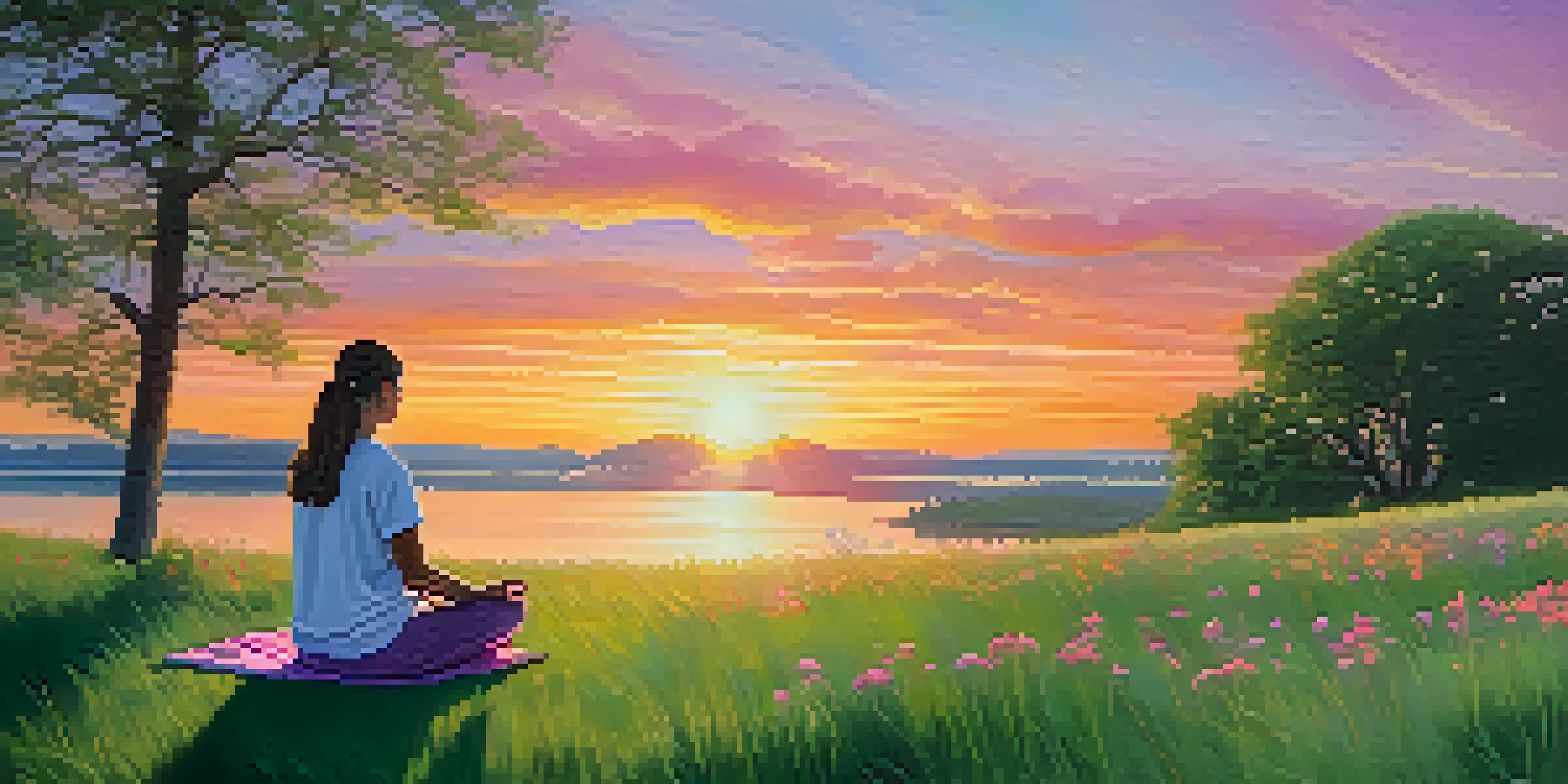 A person meditating outdoors on a grassy hill during sunset, with colorful sky and soft sunlight.