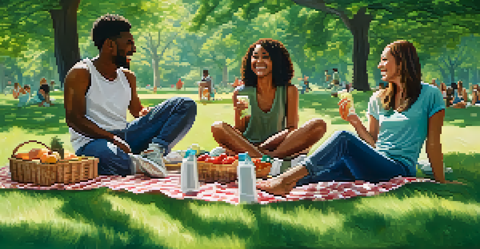 A group of friends having a picnic in a park, enjoying healthy food and laughter.