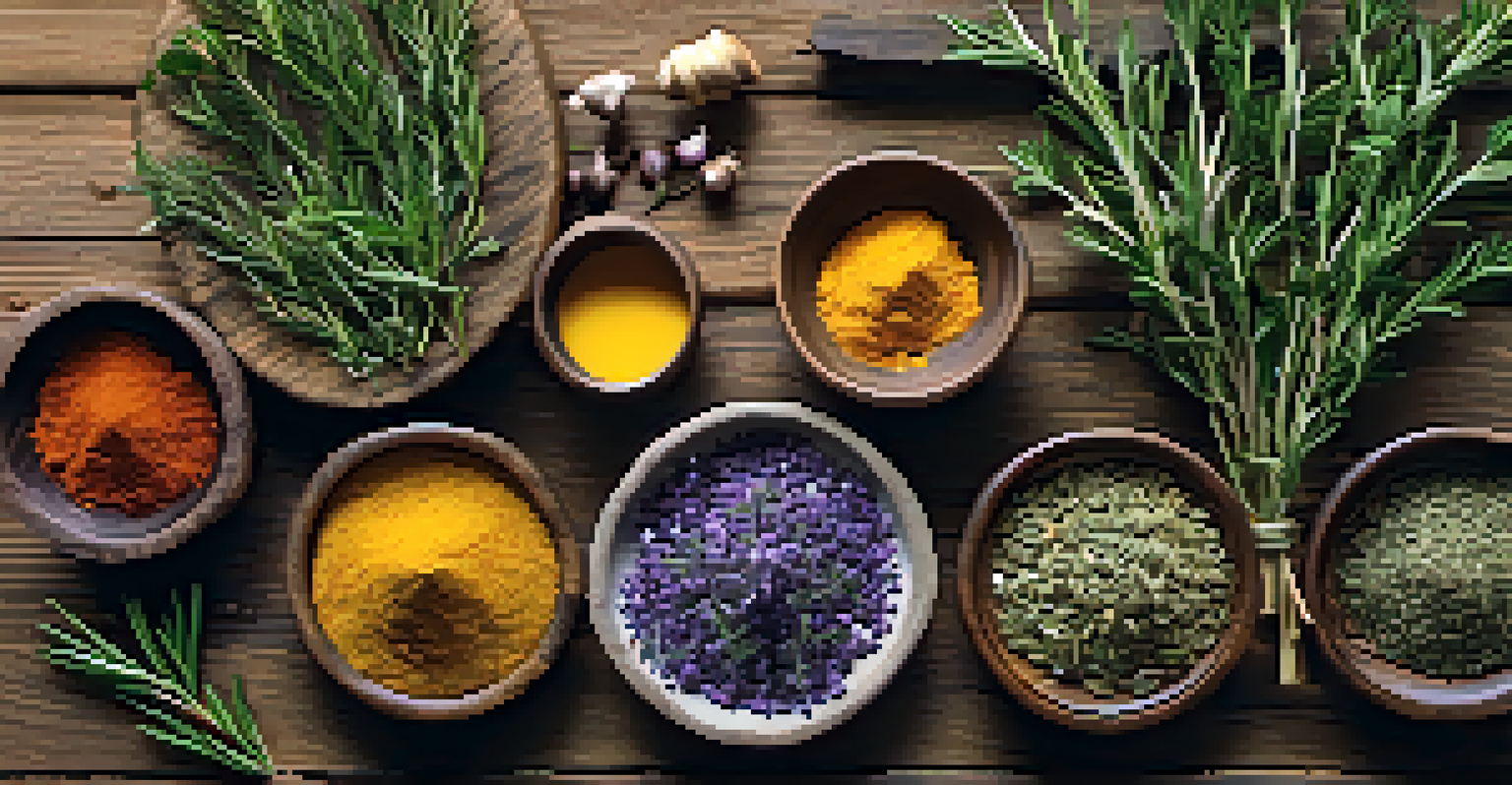 A collection of fresh herbs and spices on a wooden table, highlighting their textures and colors.