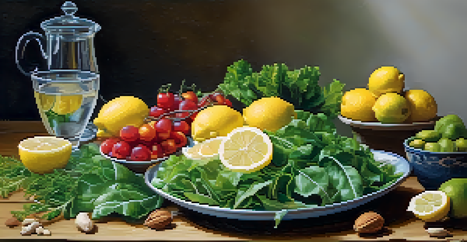 A colorful arrangement of healthy foods on a wooden table, featuring leafy greens, nuts, and fish, with a glass of water with lemon.