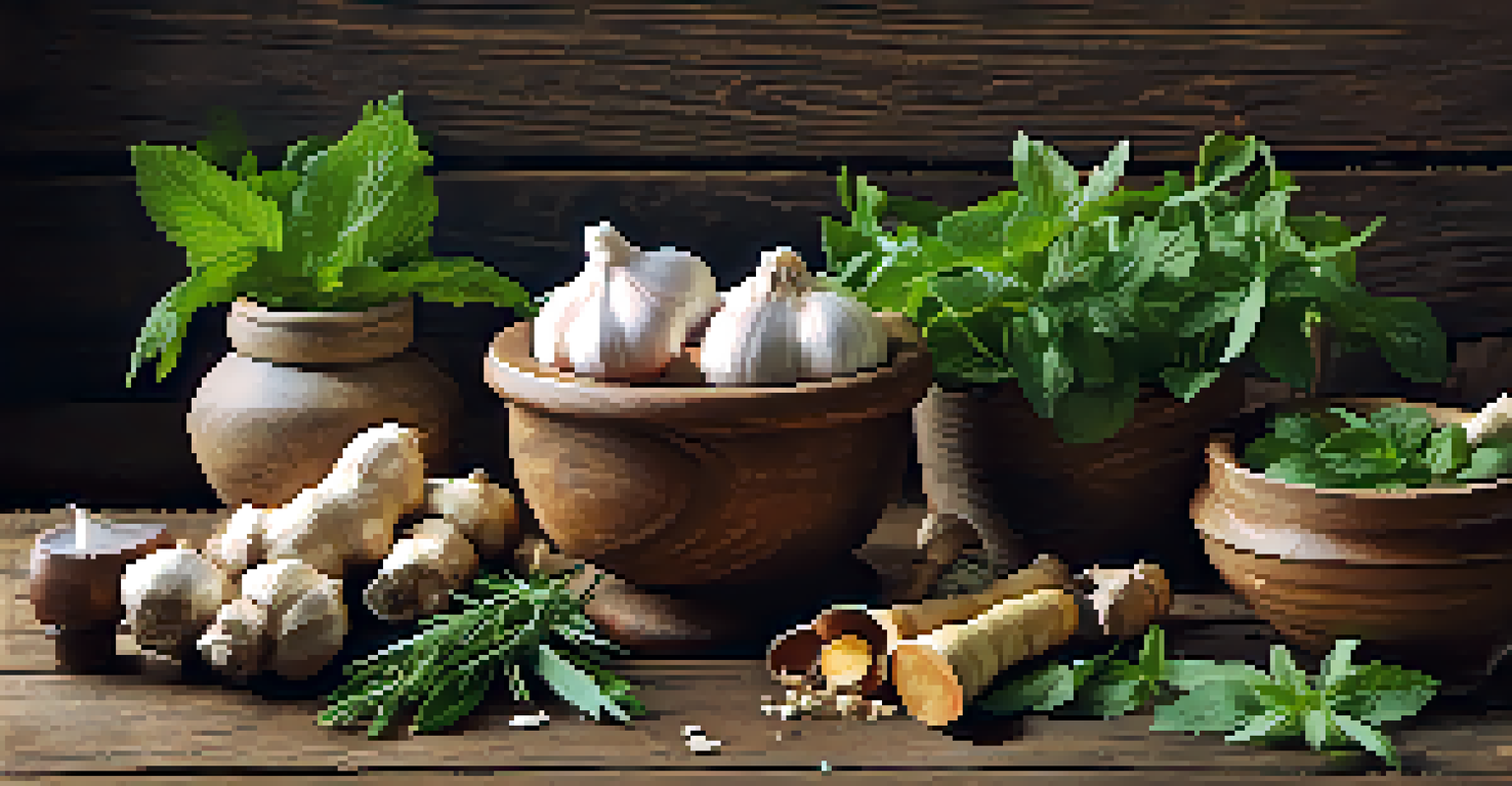An arrangement of digestive herbs like ginger and peppermint on a wooden surface, with a mortar and pestle, highlighting herbal medicine.