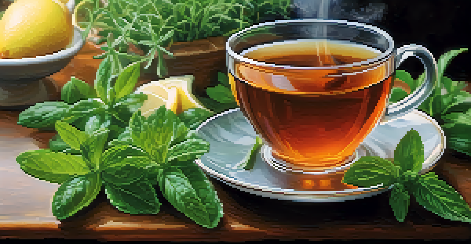 A close-up of a steaming cup of herbal tea with fresh herbs and a slice of lemon in a softly blurred background.