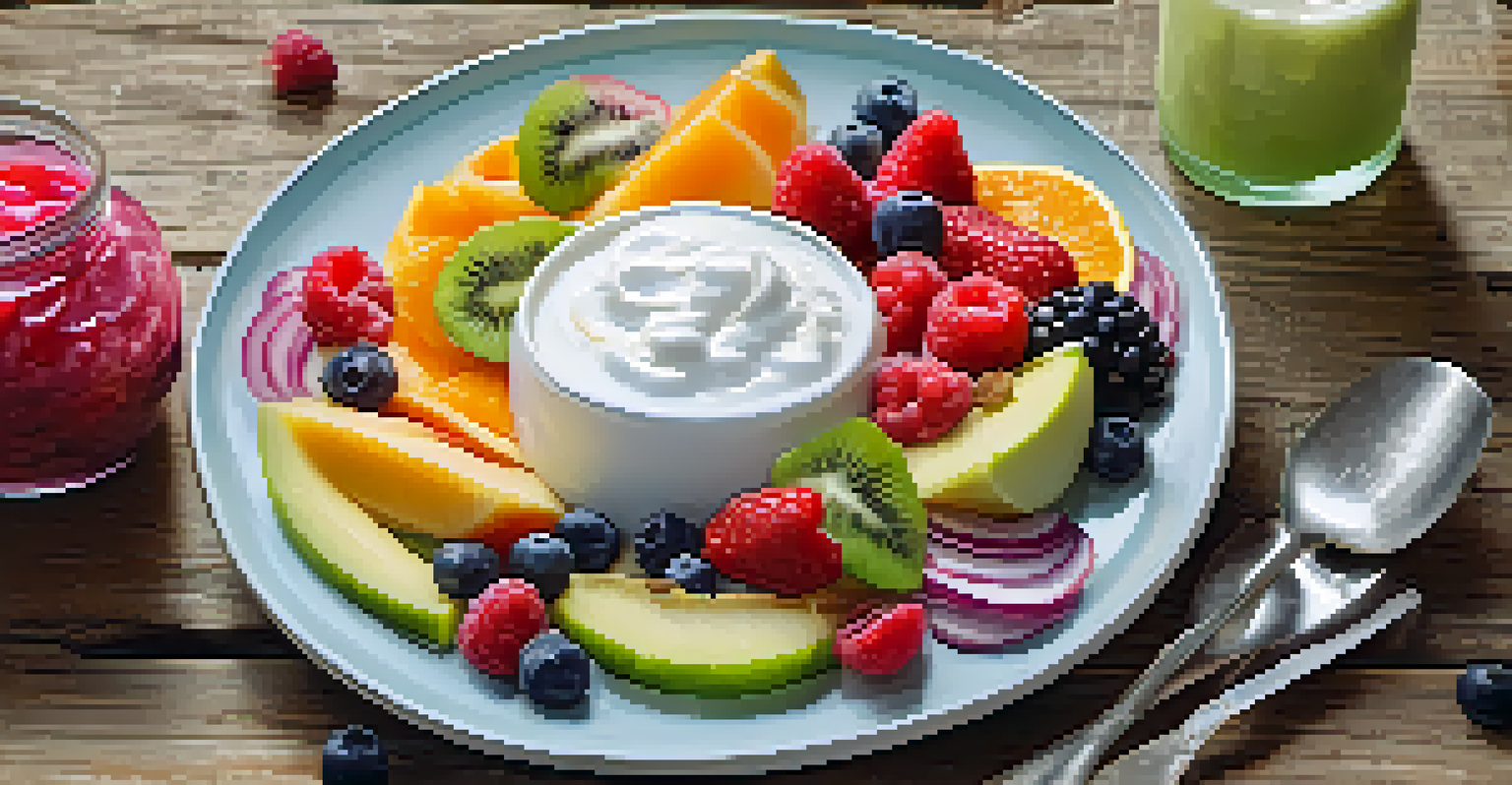 A close-up of a plate with yogurt and fruits, sauerkraut, and kefir, showcasing healthy probiotic-rich foods.