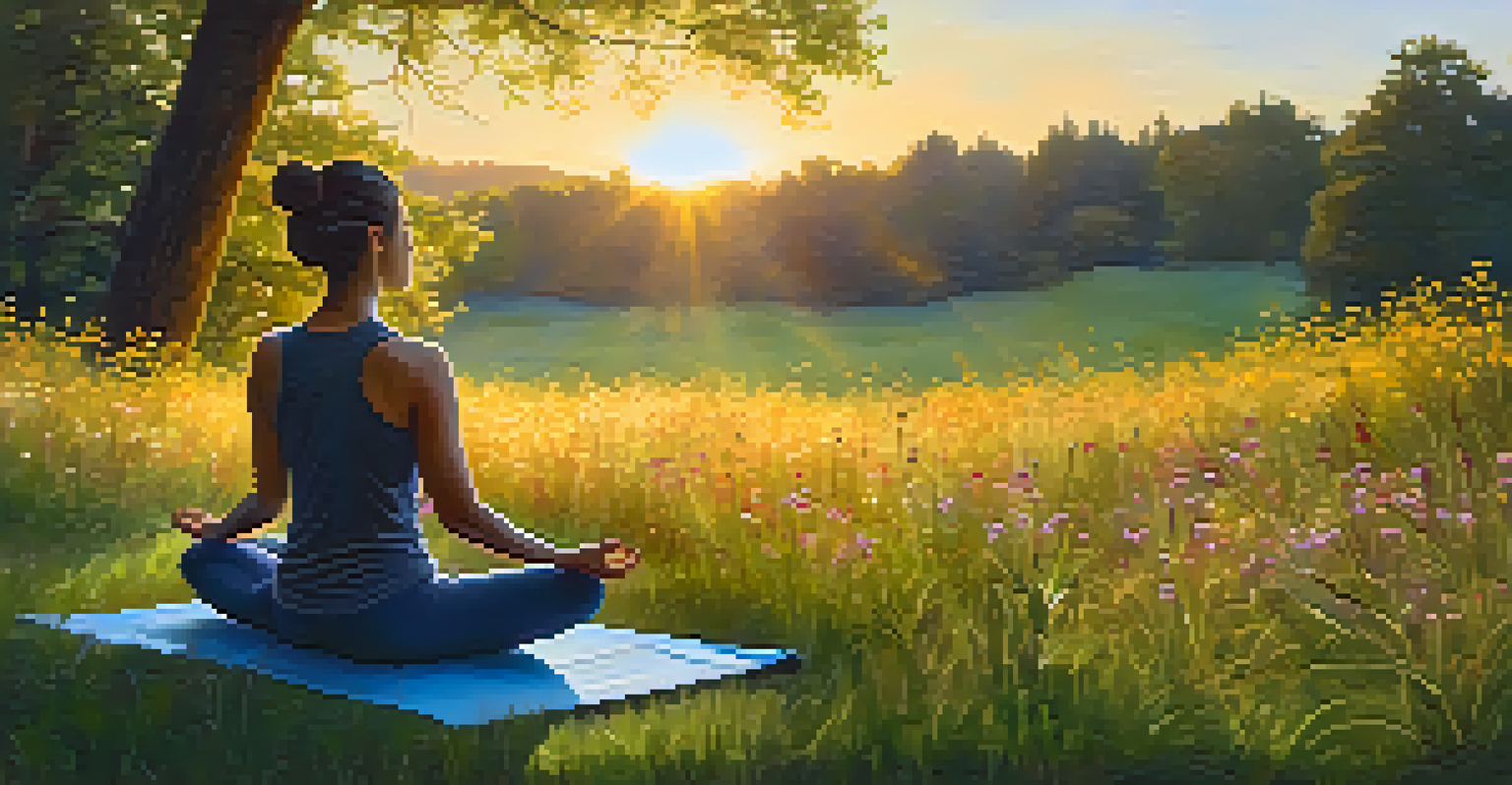 A person doing yoga in a peaceful outdoor setting with wildflowers and a sunset in the background, exuding tranquility.