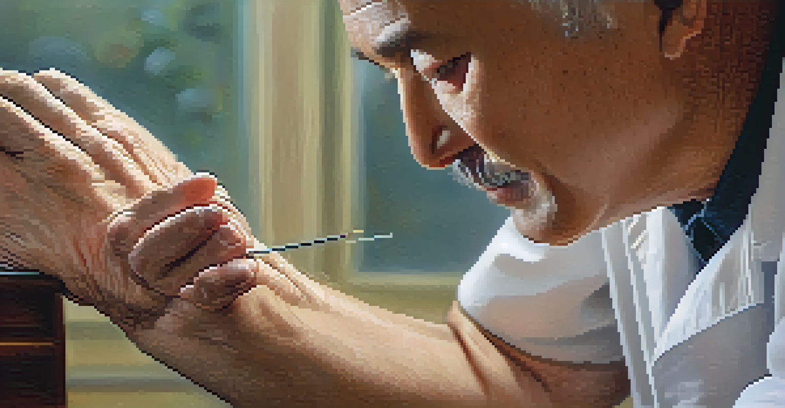 An acupuncturist inserting a needle into the arm of a relaxed senior man in a calming clinic environment.