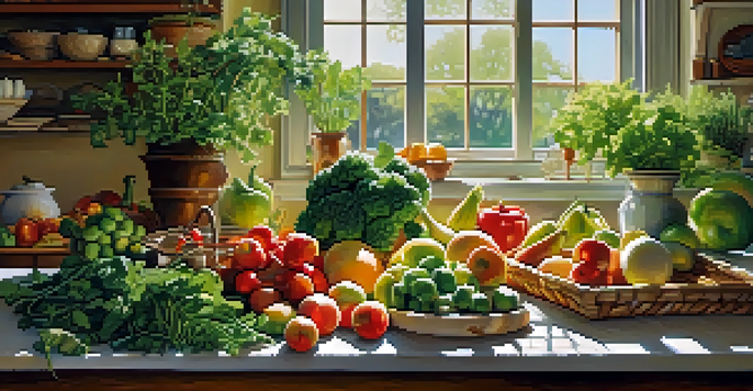 A bright kitchen with a wooden table overflowing with fresh fruits and vegetables, illuminated by sunlight.