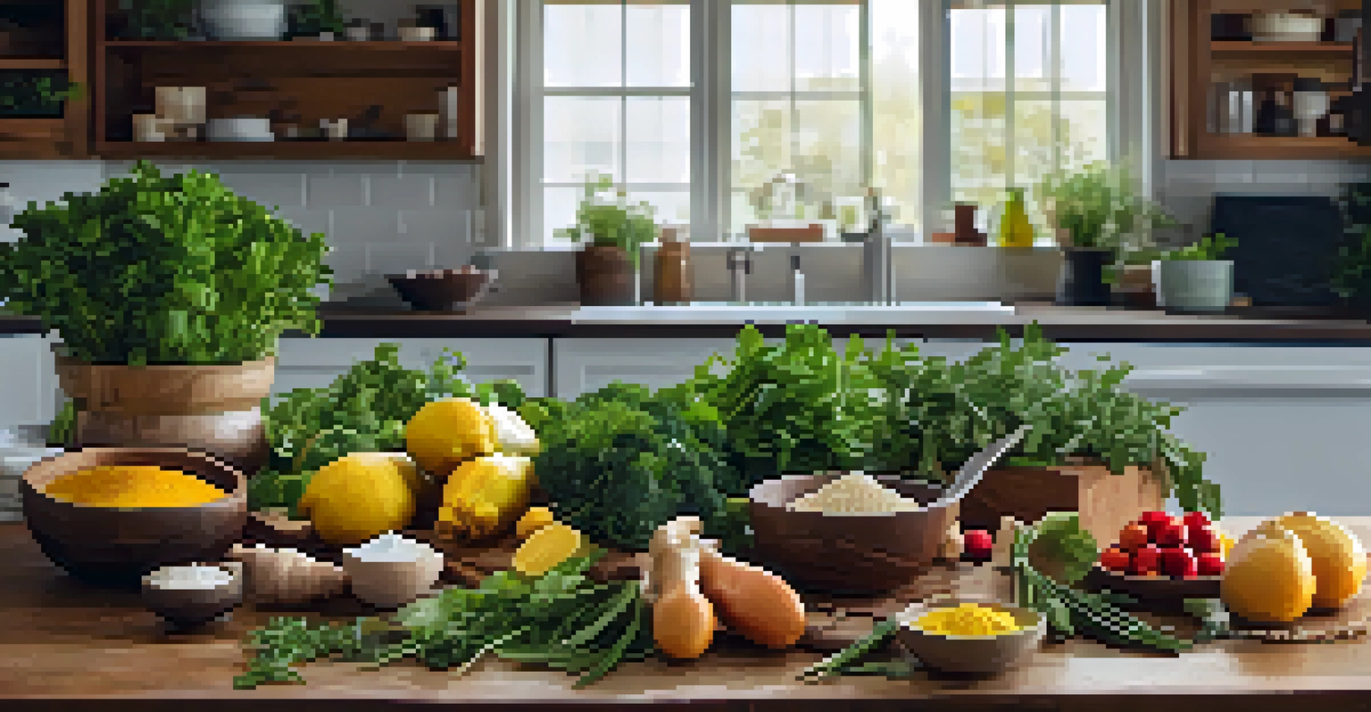 A colorful display of fresh herbs and whole foods on a countertop, showcasing vibrant fruits and vegetables.