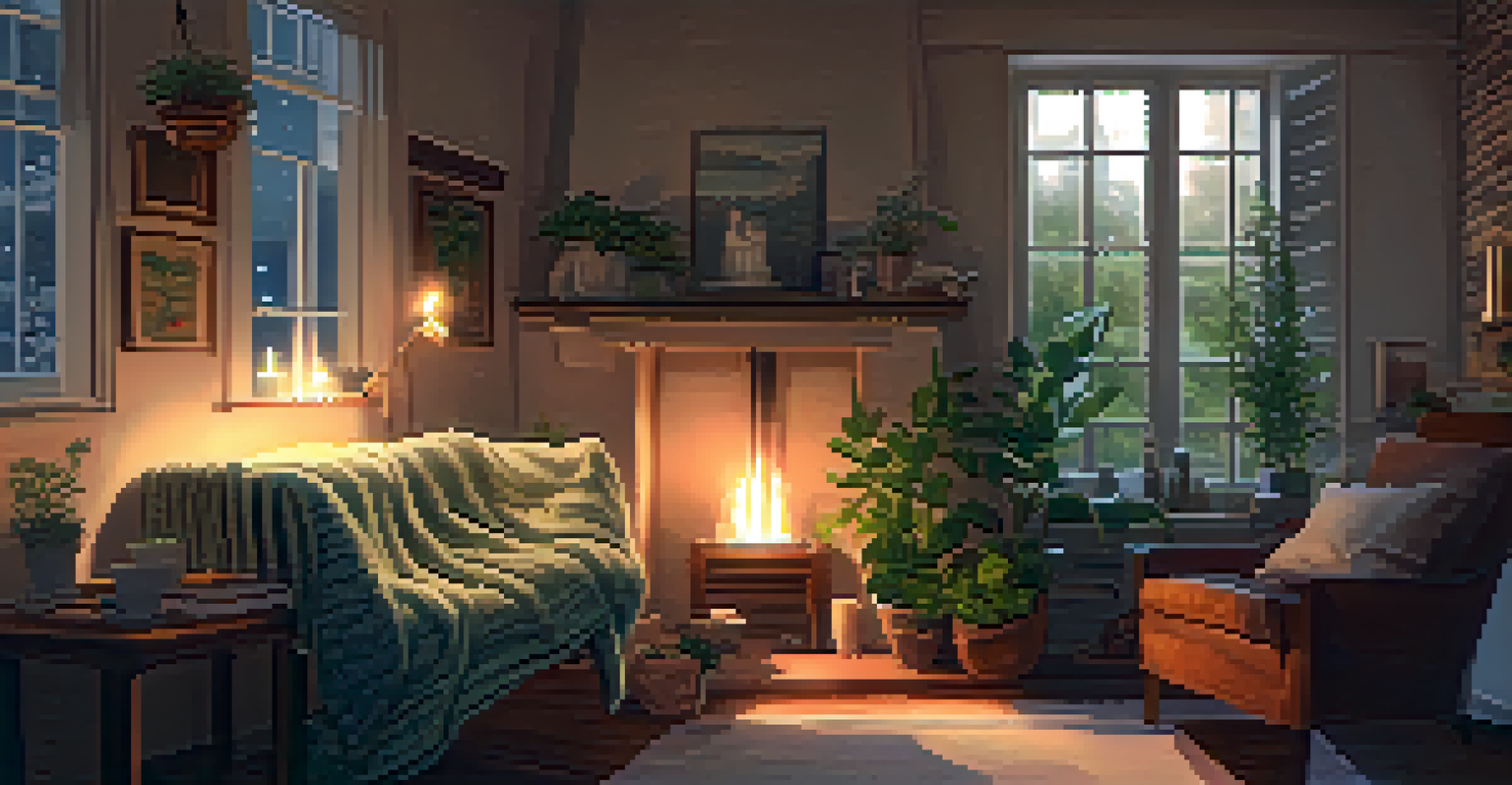 A person relaxing in a cozy chair with a cup of tea and an open book, surrounded by soft lighting and plants.