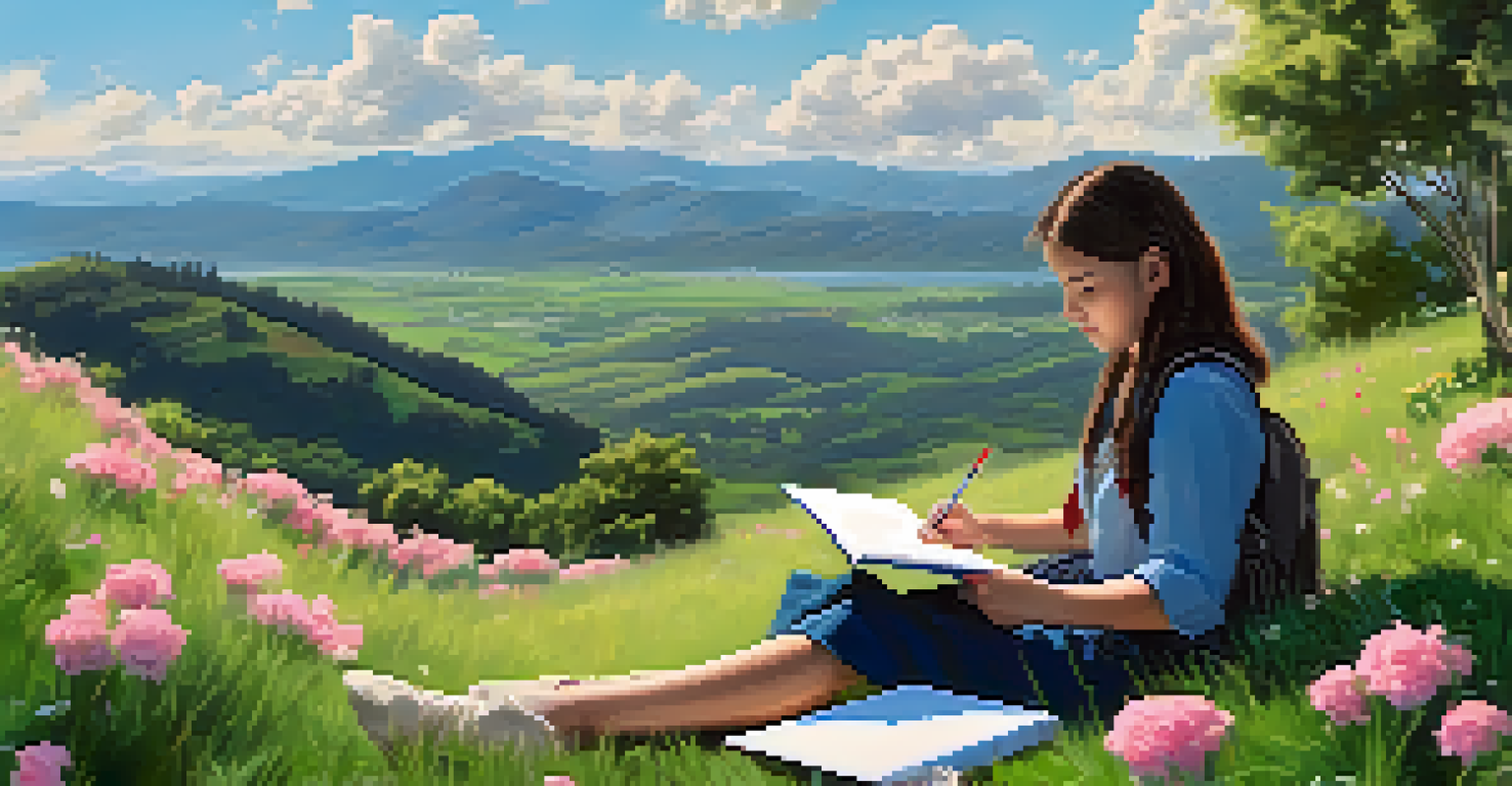 A student sitting on a grassy hill, writing in a notebook, surrounded by flowers, with a clear blue sky and mountains in the background.