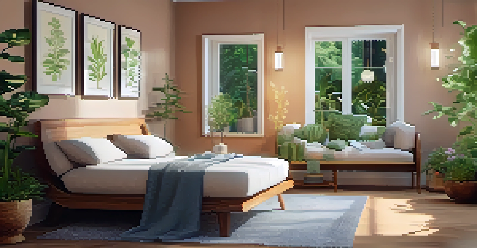 A calming indoor space with a comfortable chair, cushions, plants, and a table with herbal teas, illuminated by warm ambient light.