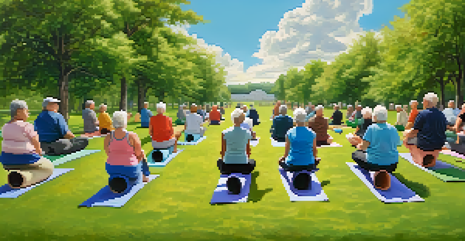 A group of older adults practicing yoga together in a park, showcasing a sense of community and wellness.