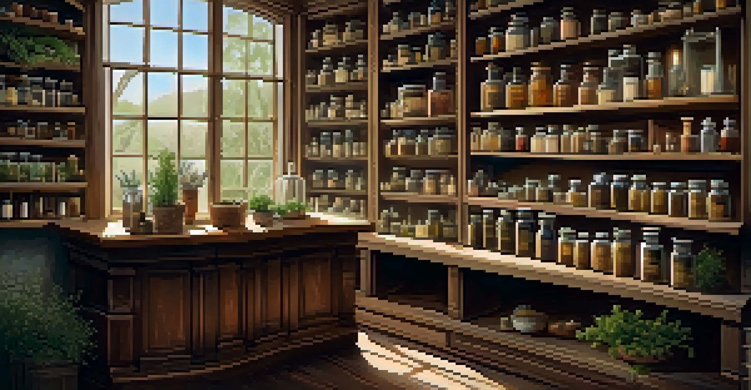 A vintage apothecary filled with herbs and jars, showcasing a warm and inviting atmosphere.