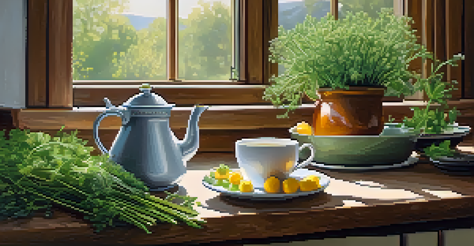 A cozy kitchen with a cup of chamomile tea, fresh herbs, and warm lighting.