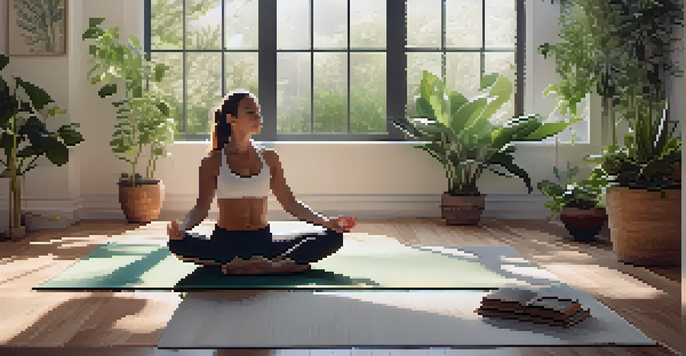 A person practicing breathing exercises on a yoga mat in a soothing indoor environment, with plants and natural light.